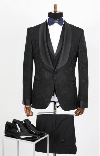 $699 SALE $299 3pcs  Bow Tie Black Jacquard Tuxedo Suit