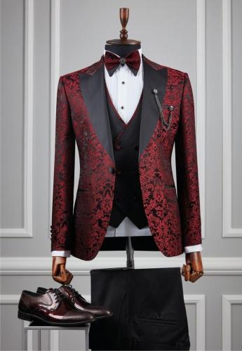 $699 SALE $299 3pcs  Bow Tie Patterned Peak Lapel Burgundy Black Single Breasted Slim Fit Tuxedo 